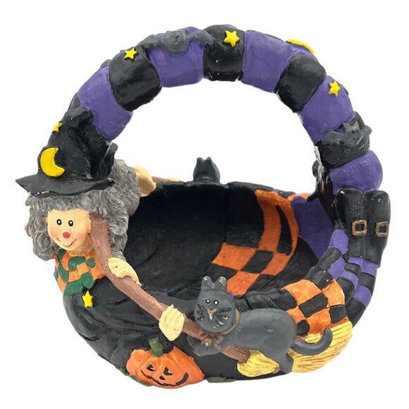 Halloween Candy Basket 3D Witch Cat Pumpkin Purple Black 7 Inch Resin Decor - Picture 1 of 16